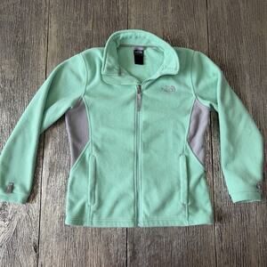 North Face Jacket Girls Large L Green Grey Fleece Full Zip Logo Zippered Pockets
